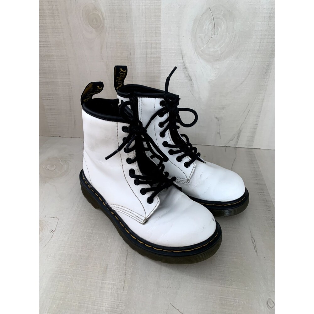 Dr. Martens White and Black Kids Lace-Up Leather Boots
